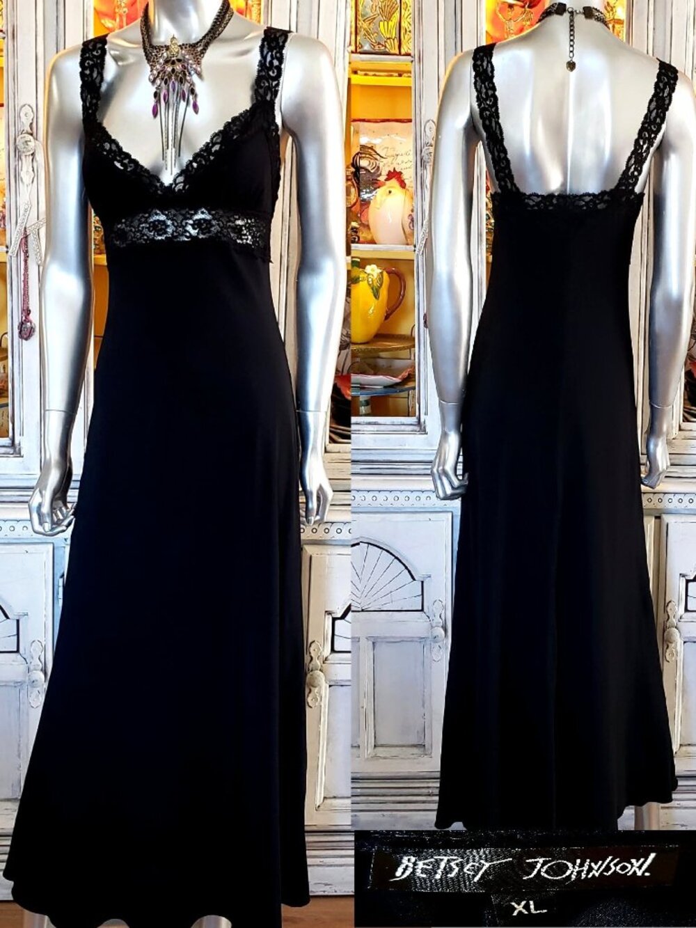 Vintage Betsey Johnson 90s Y2K Black Lace Long Hollywood Midi Slip Dress Size XL